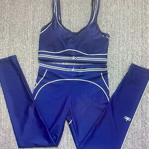 ALO Yoga Women's Navy Blue Sports Bra & Leggings Set with White Trim Size S